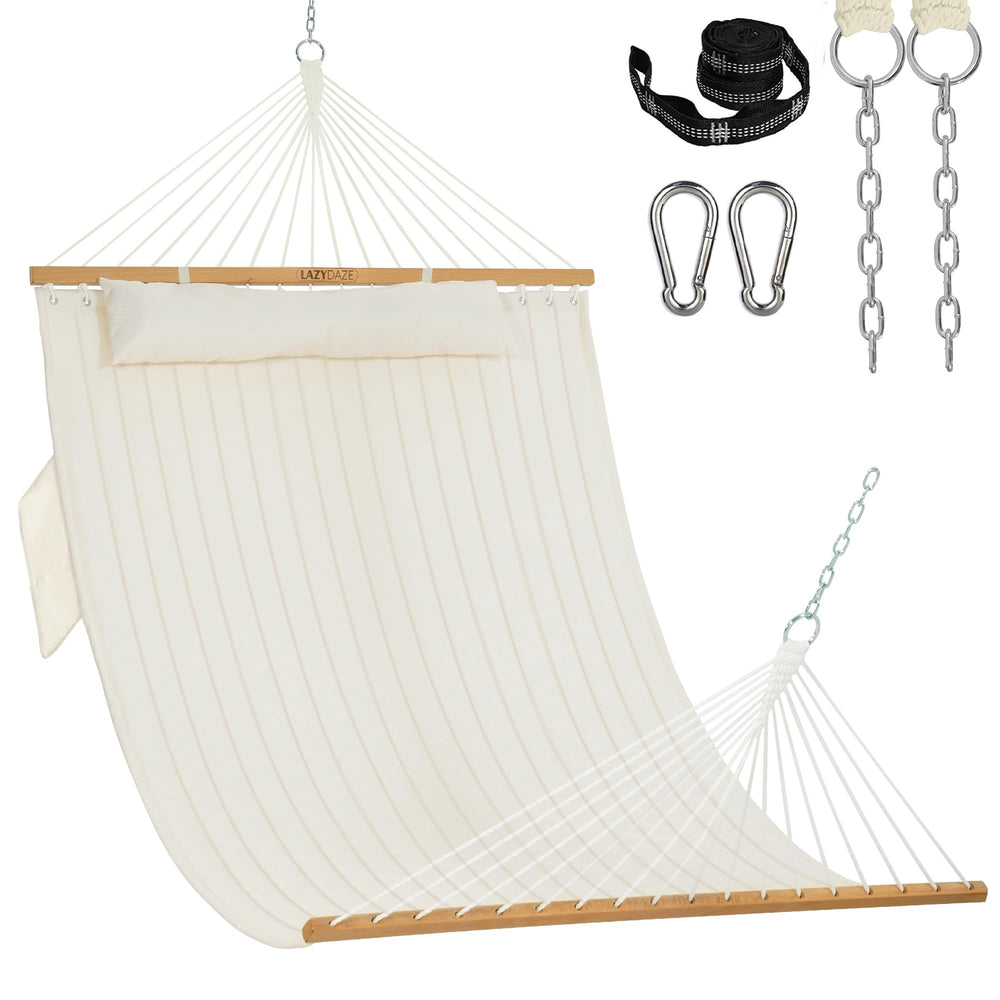 Lazy Daze Hammocks front view showing beige double hammock and spreader bar, inviting comfort