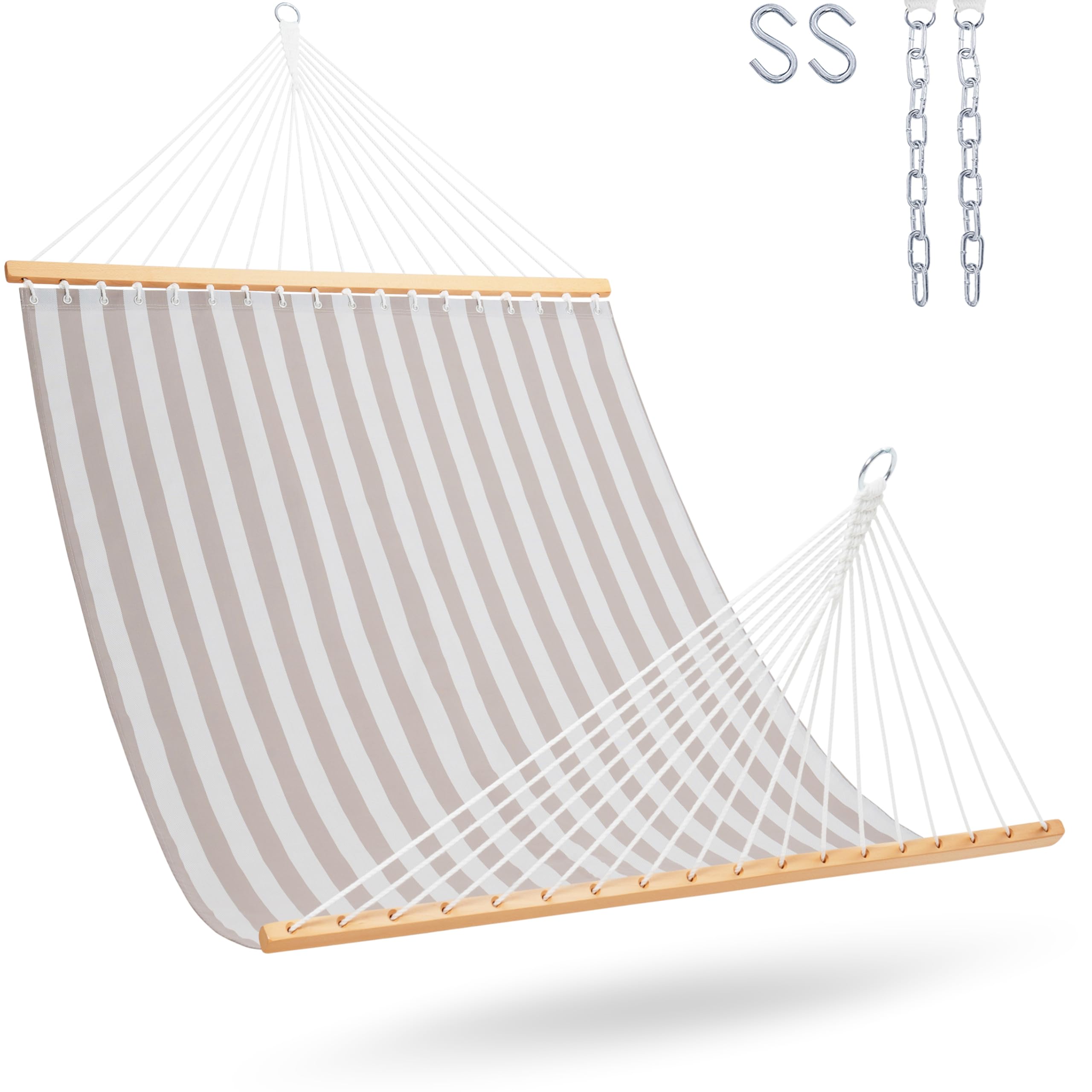 Lazy Daze front view of double Textilene hammock showing open bed and spreader bar benefit