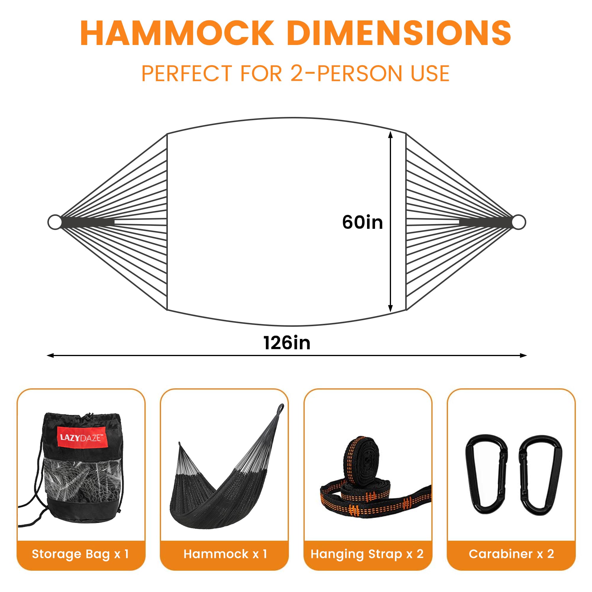 Lazy Daze Hammocks included straps and carabiners laid out showing ready-to-use hanging hardware