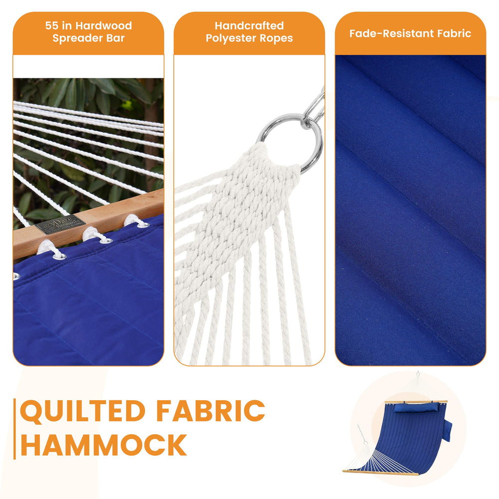 Lazy Daze hammock in backyard with two people relaxing, demonstrating capacity and comfort