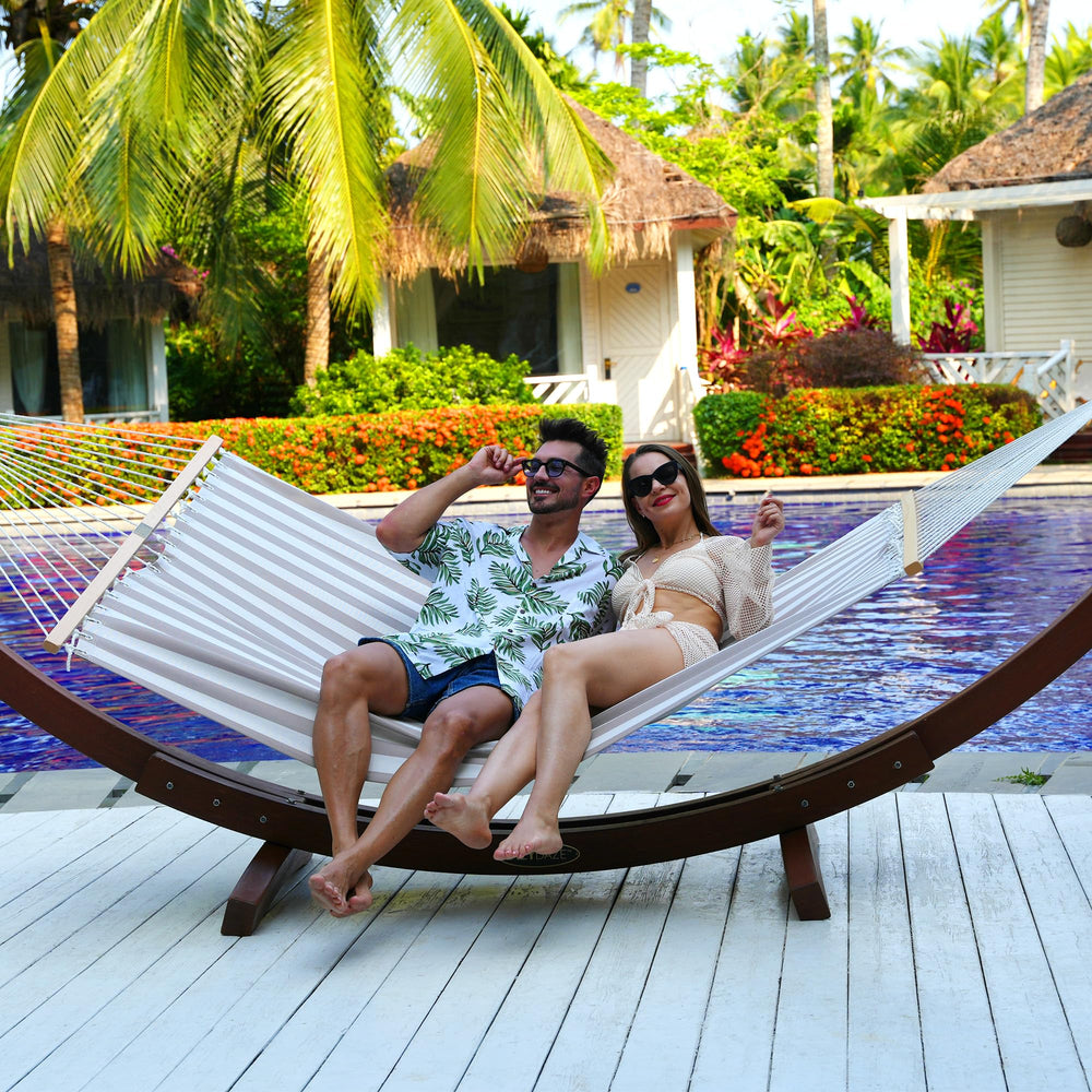 Lazy Daze hammock on patio showing outdoor relaxation and weather-ready benefit