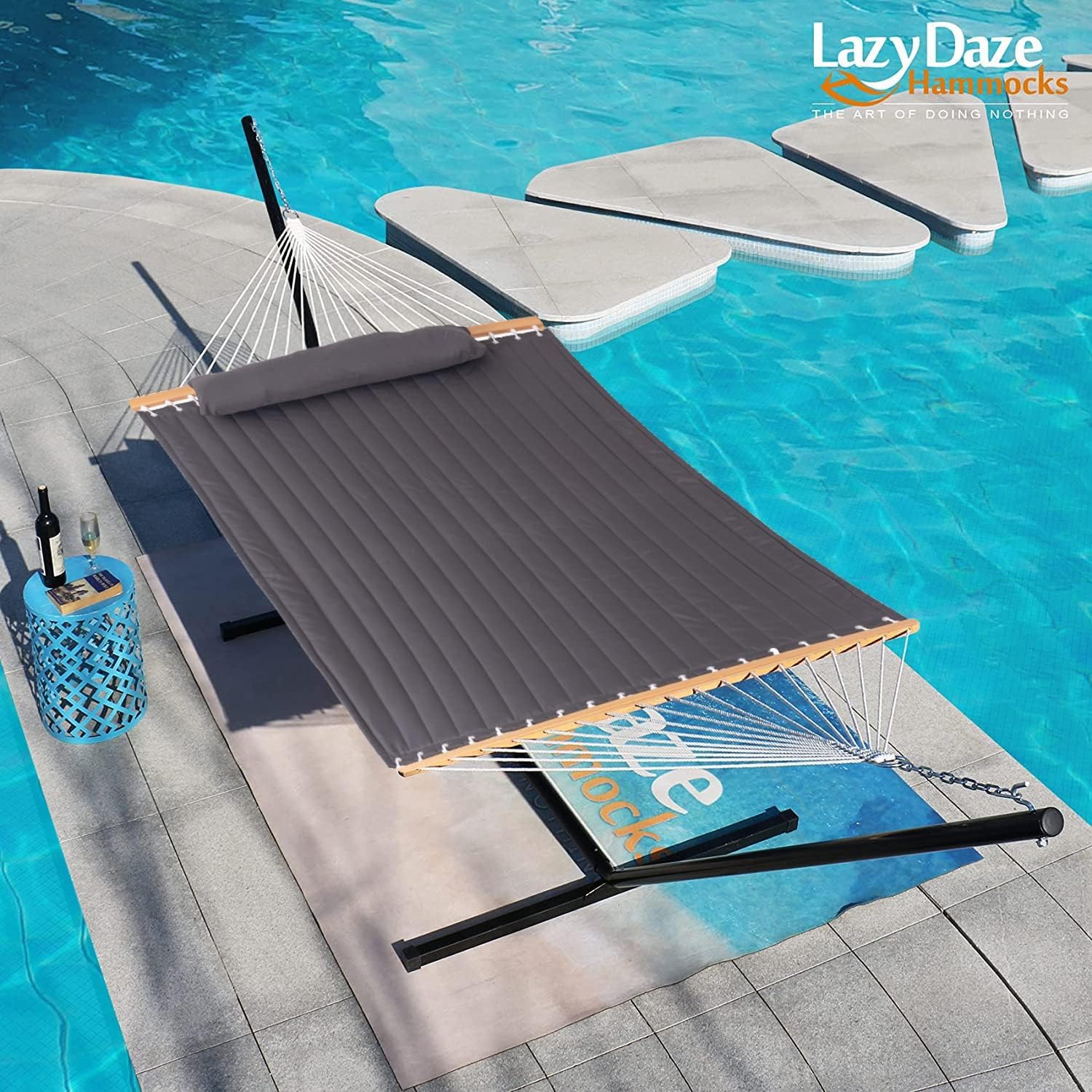 Lazy Daze hammock styled on patio showing relaxing outdoor seating benefit
