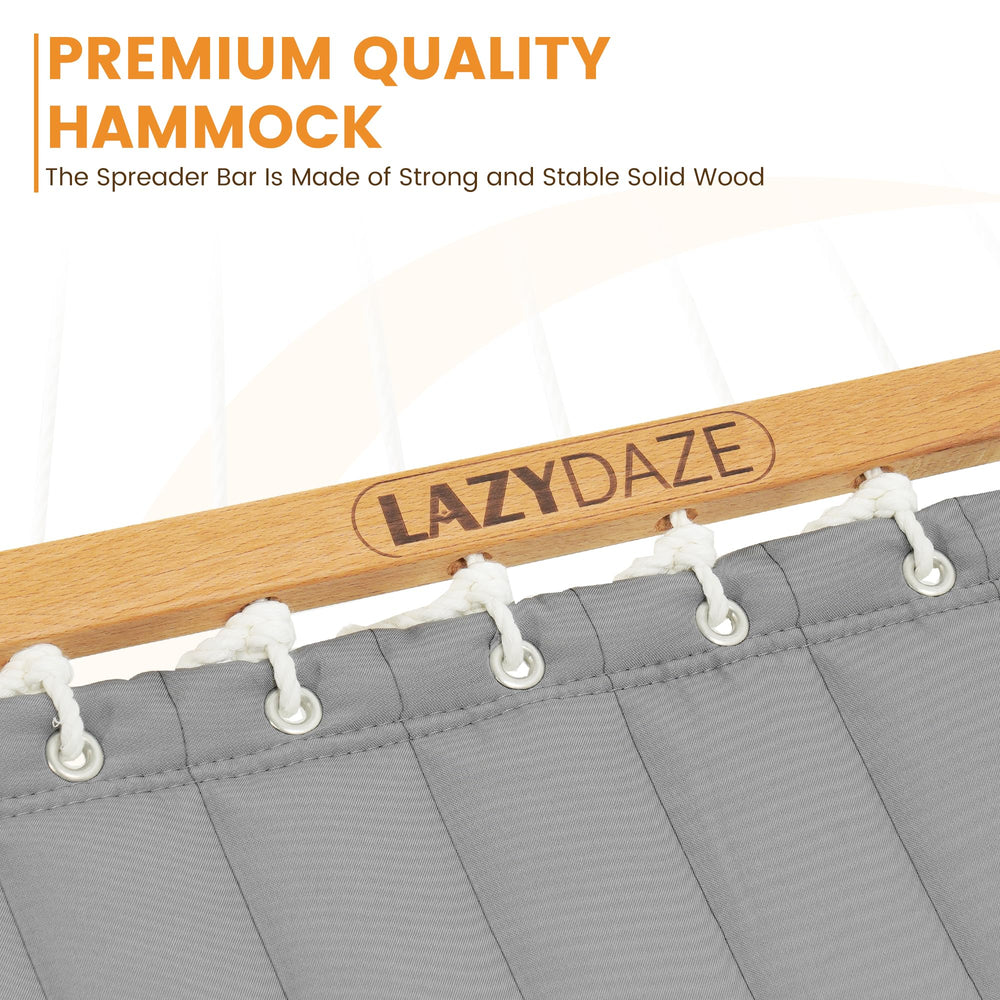 Lazy Daze hammock on a stand demonstrating size and two-person capacity