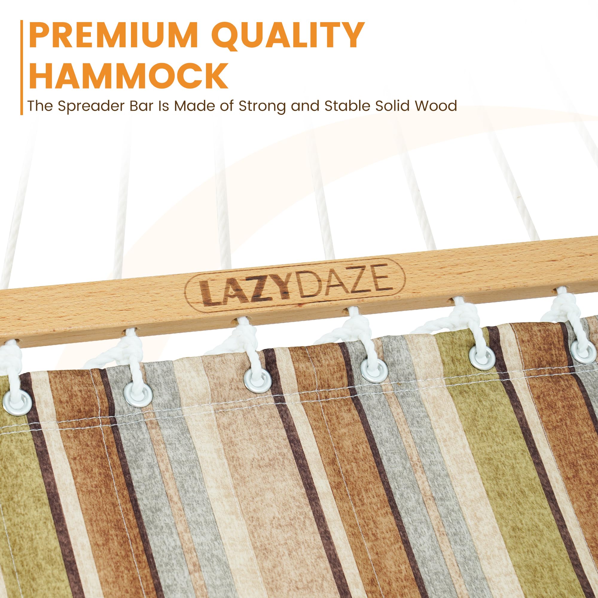 Lazy Daze Hammocks hardwood spreader bar detail showing sturdy FSC-certified wood finish