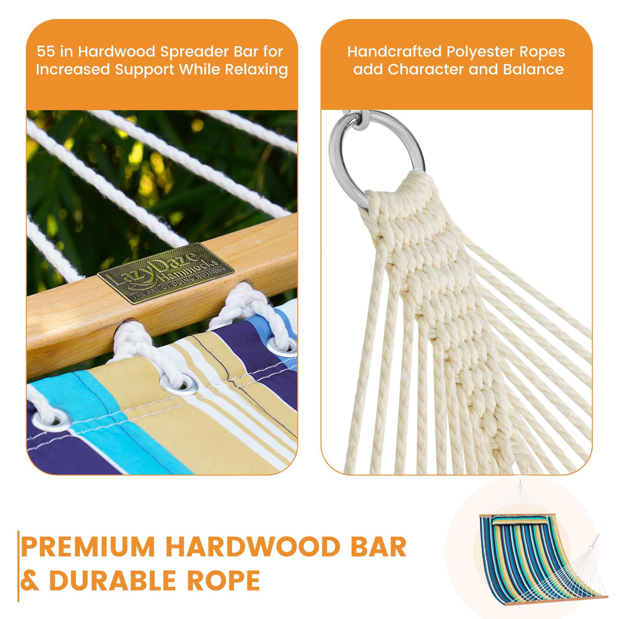 Lazy Daze Hammocks zinc-plated chains and carabiner hardware demonstrating secure, weather-resistant attachments