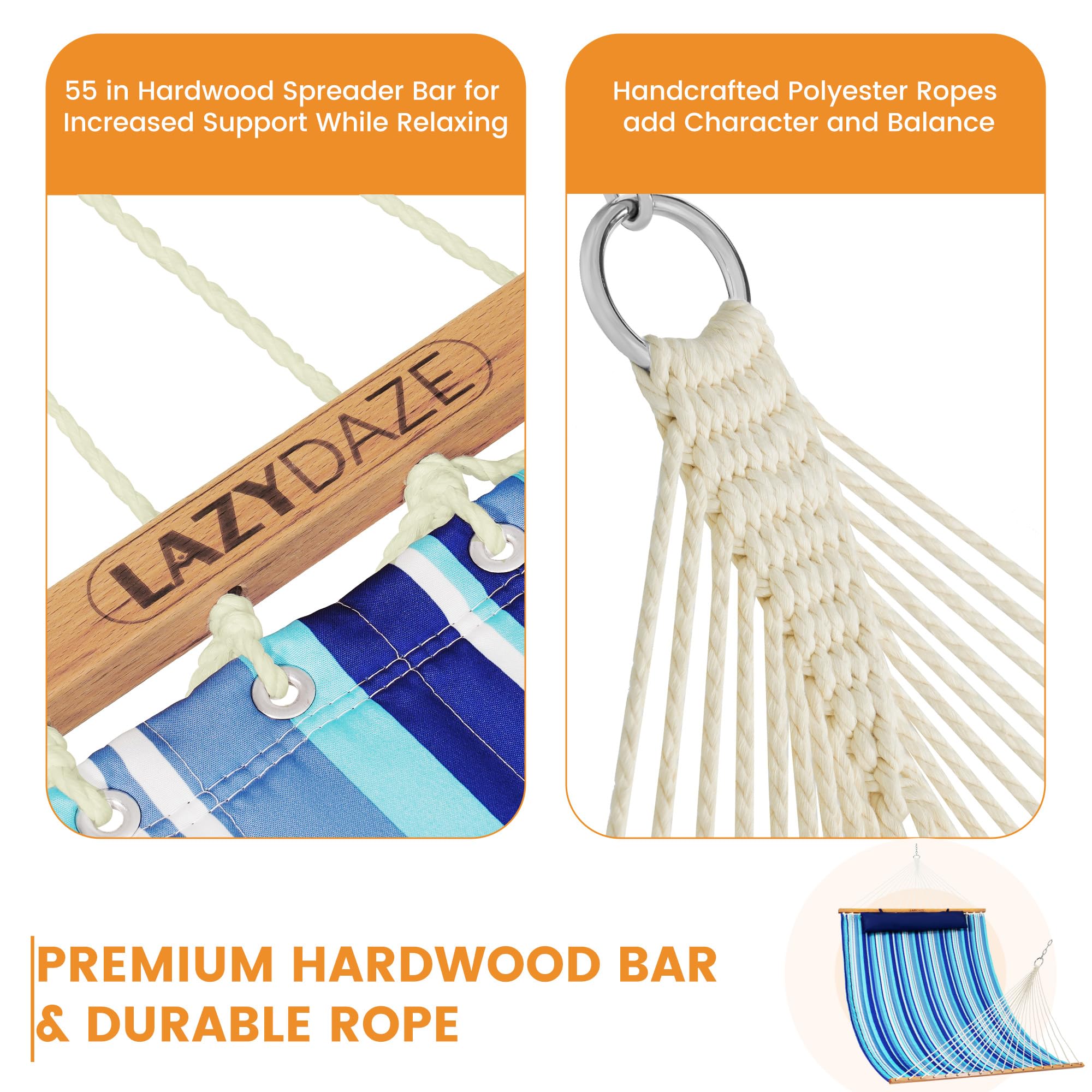 Lazy Daze included chains and zinc-plated carabiners displayed to show secure hanging hardware