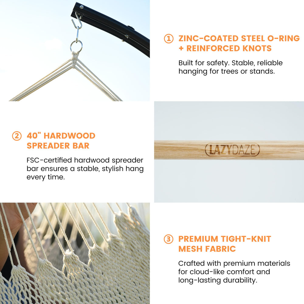 Lazy Daze zinc-coated O-ring and reinforced knots for secure hanging