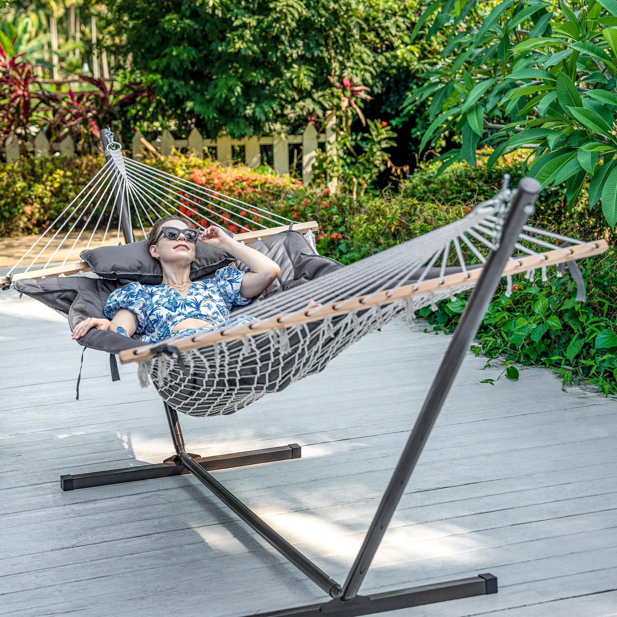Lazy Daze pad on hammock in backyard setting promoting relaxed lounging