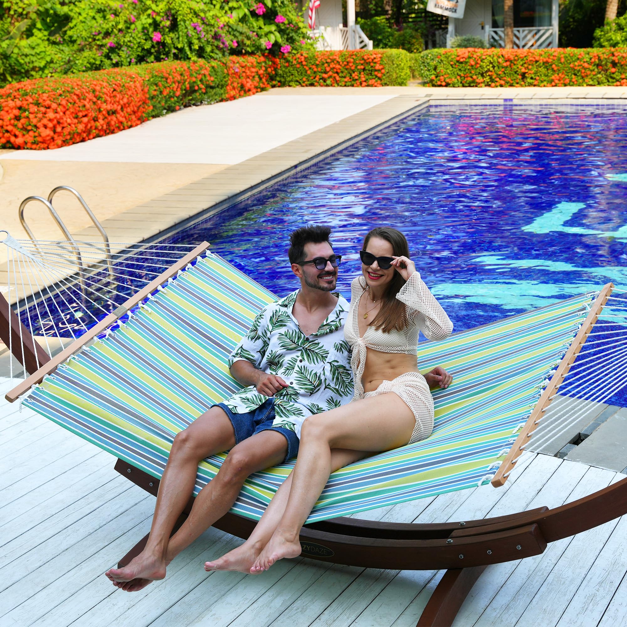 Lazy Daze hammock on patio lifestyle showing easy outdoor setup and relaxing ambience