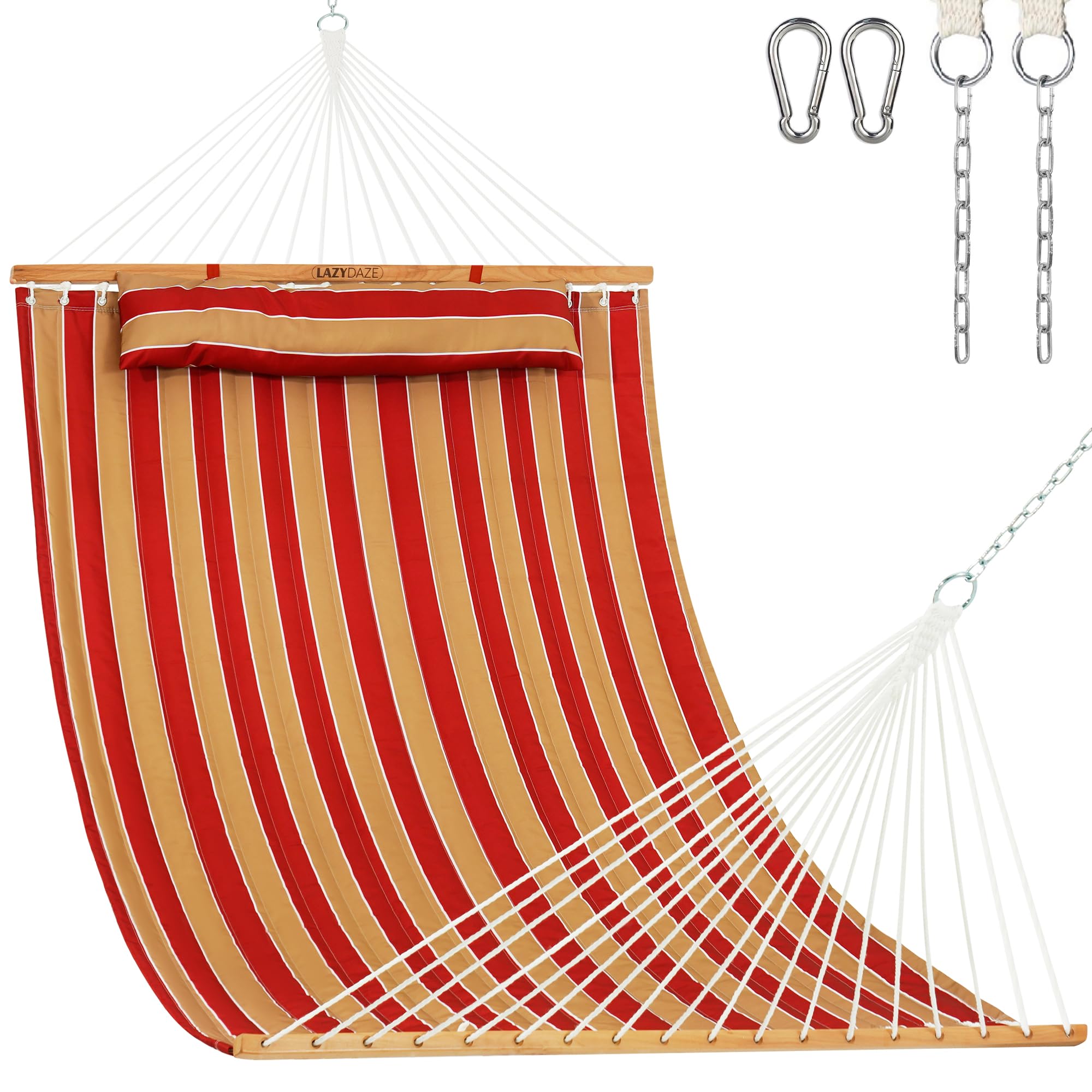 Lazy Daze front view of red stripes hammock showing full bed and spreader bar for comfortable lounging