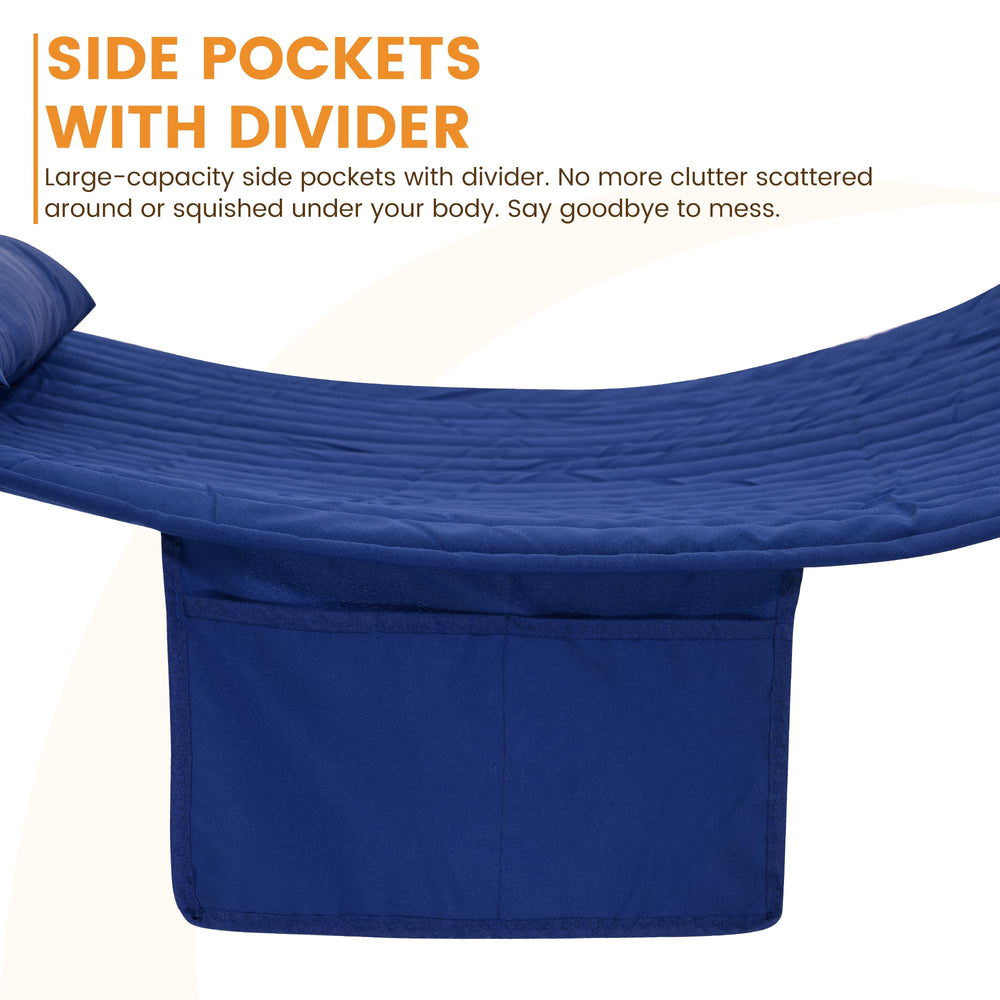 Lazy Daze hammock laid out with measuring tape showing 78.7x55.1 inch bed, easy size reference