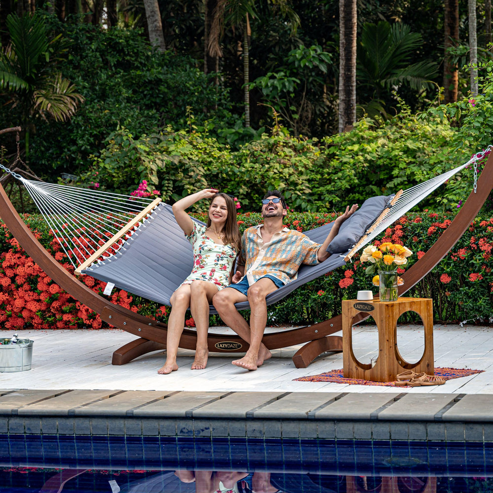 Lazy Daze Hammocks person lying in hammock demonstrating size and two-person capacity