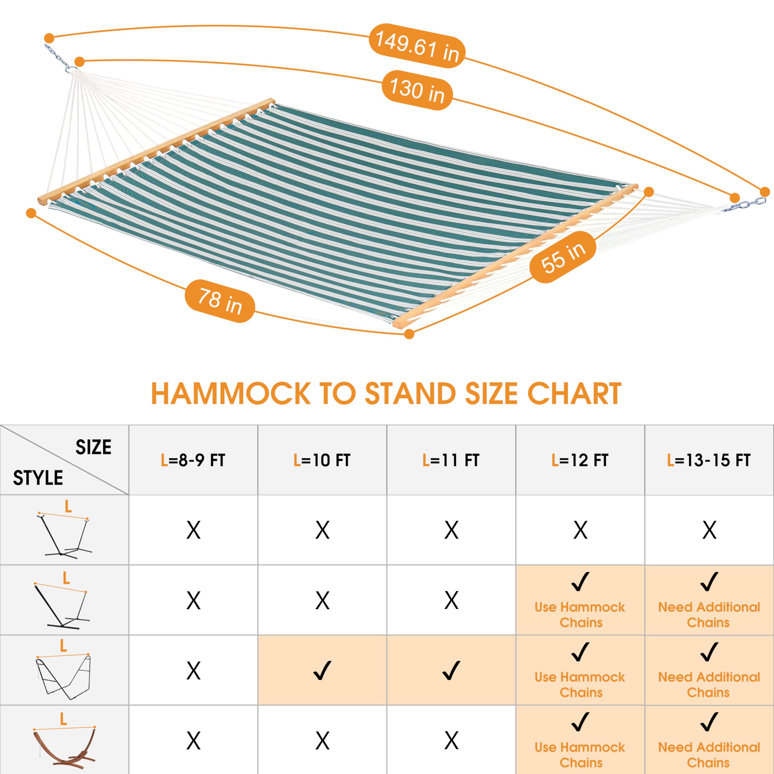 Lazy Daze hammock beside measuring tape showing length and bed dimensions, fits stands