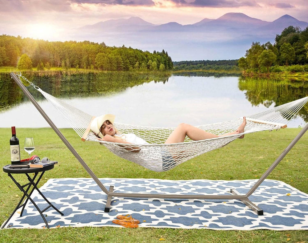 Lazy Daze stand holding a double hammock in a patio setup for comfortable lounging