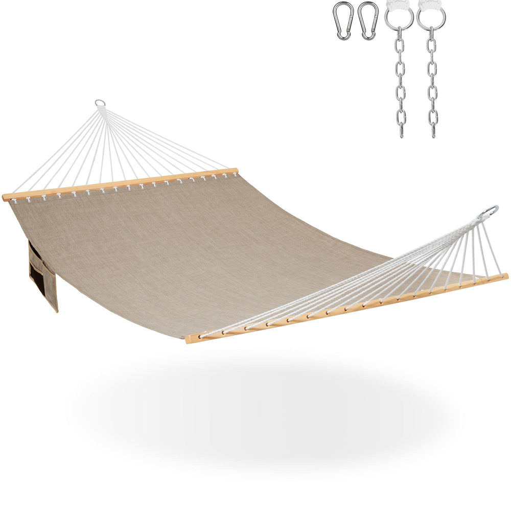 Lazy Daze front view double olefin hammock showing roomy bed and spreader bar comfort