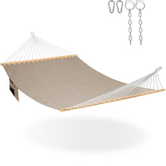 Lazy Daze front view double olefin hammock showing roomy bed and spreader bar comfort