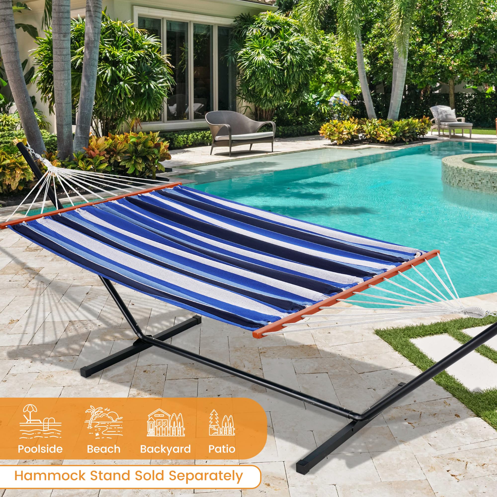 Lazy Daze hammock fully stretched between trees, roomy comfort for two