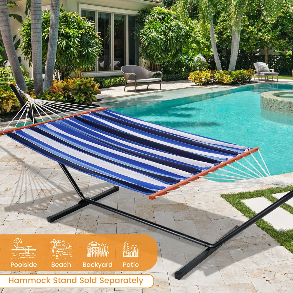 Lazy Daze hammock fully stretched between trees, roomy comfort for two