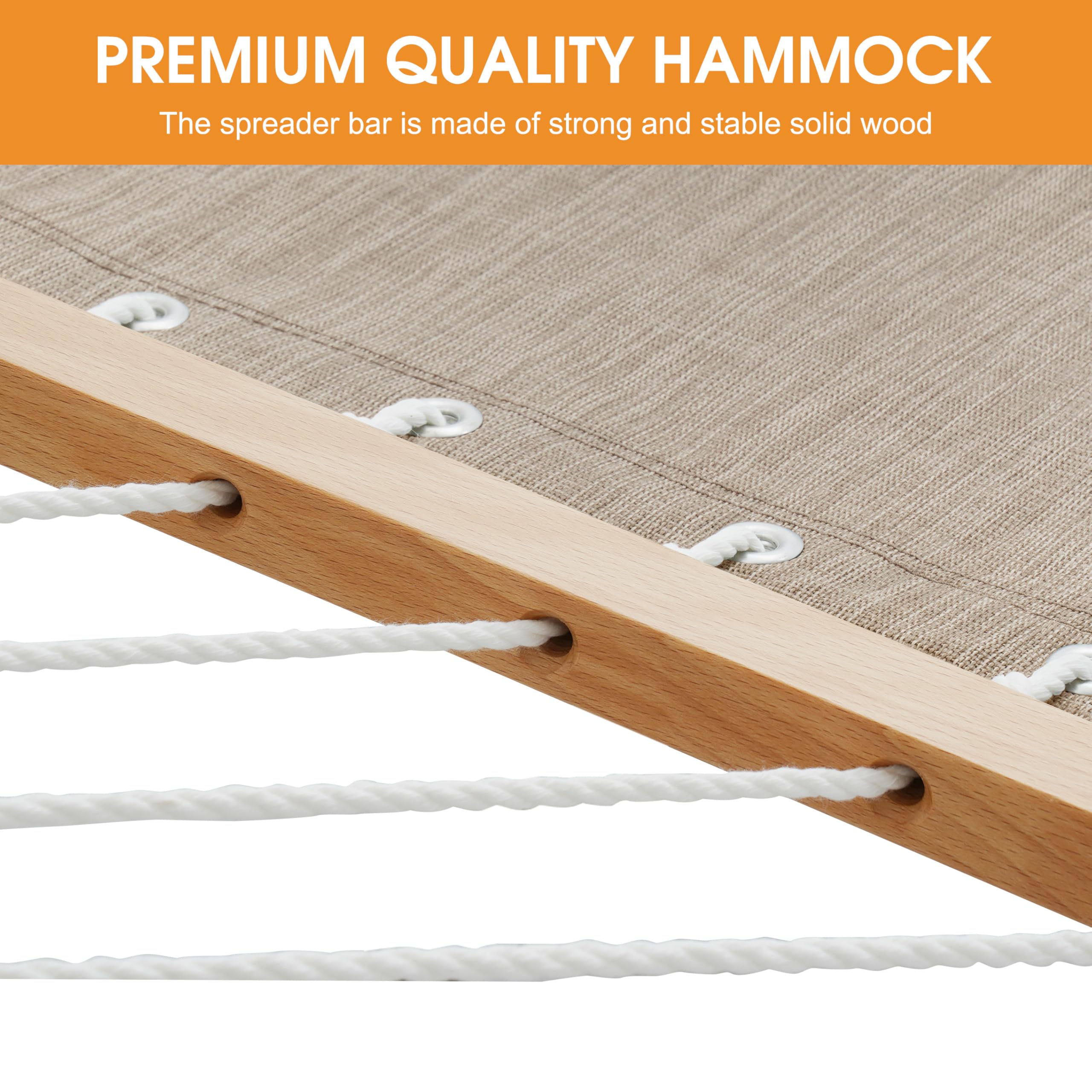 Lazy Daze hardwood spreader bar detail showing sturdy FSC wood and balanced support