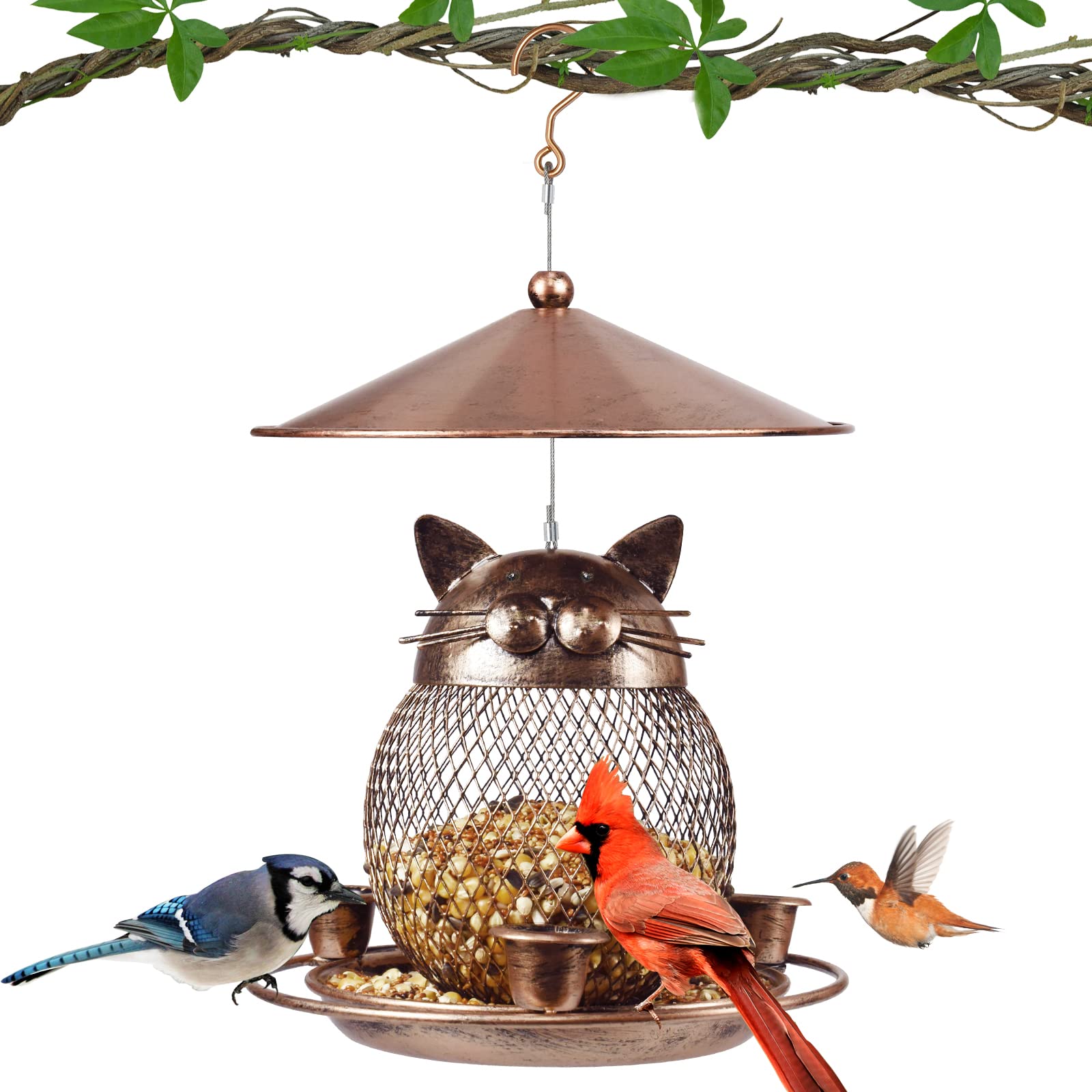 LBTING cat-shaped feeder front view showing durable metal and decorative look attracting birds