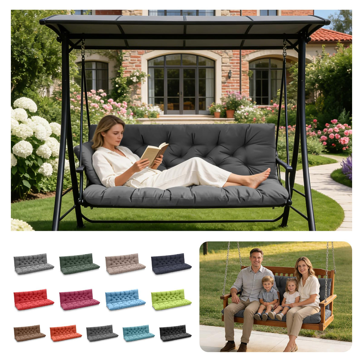 LCYY.TG front view of dark gray three-seat porch swing cushion showing full coverage
