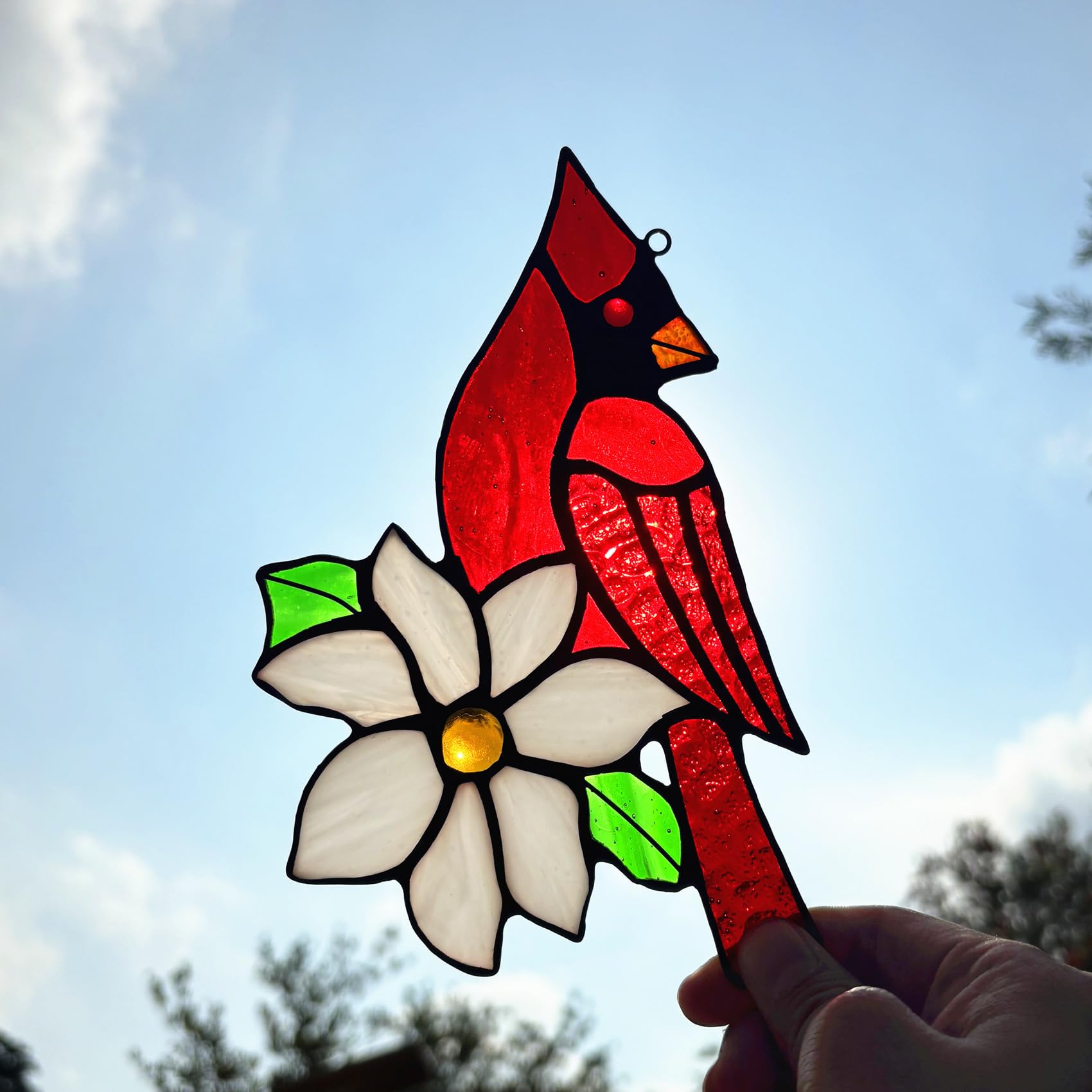 Lcensp red cardinal suncatcher in sunlit window brightening room and deterring bird collisions