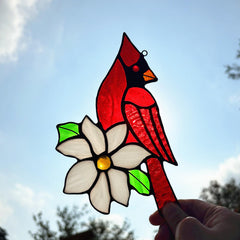 Lcensp red cardinal suncatcher in sunlit window brightening room and deterring bird collisions
