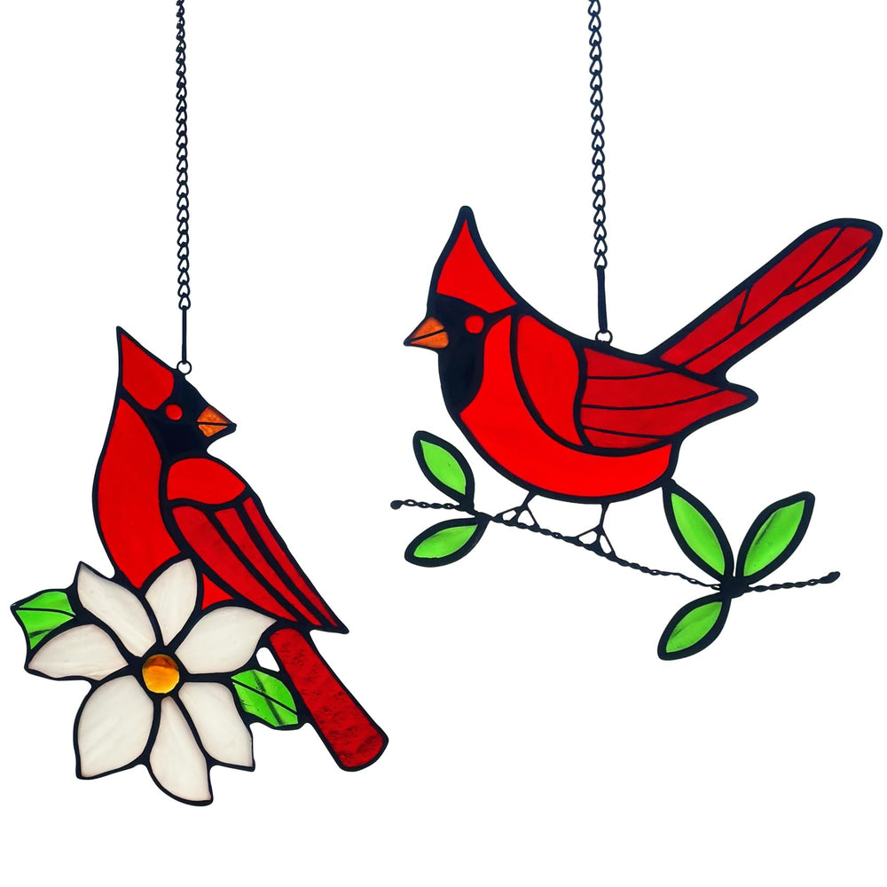 Lcensp front view of two red cardinal suncatchers showcasing vibrant colors and ready-to-hang convenience