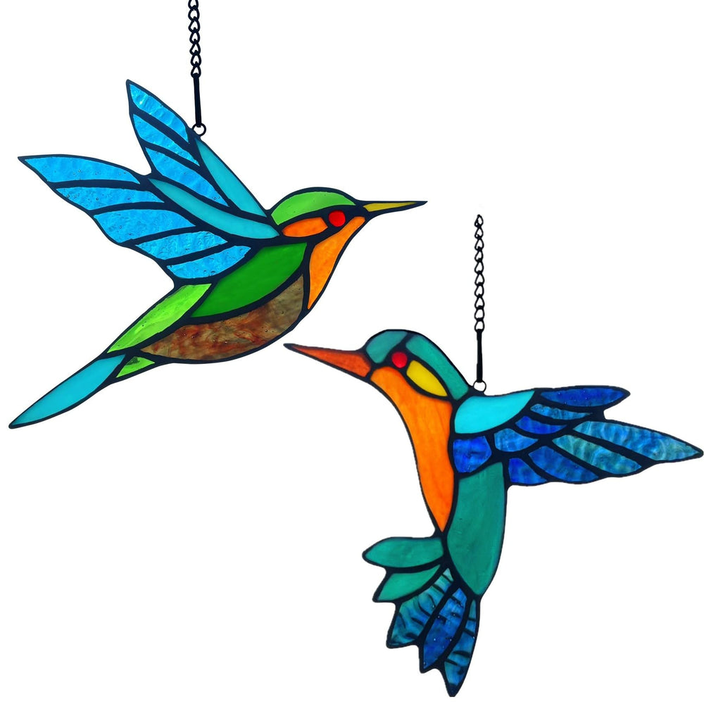 Lcensp front view of two hummingbird suncatchers showing vibrant colors and paired design benefit