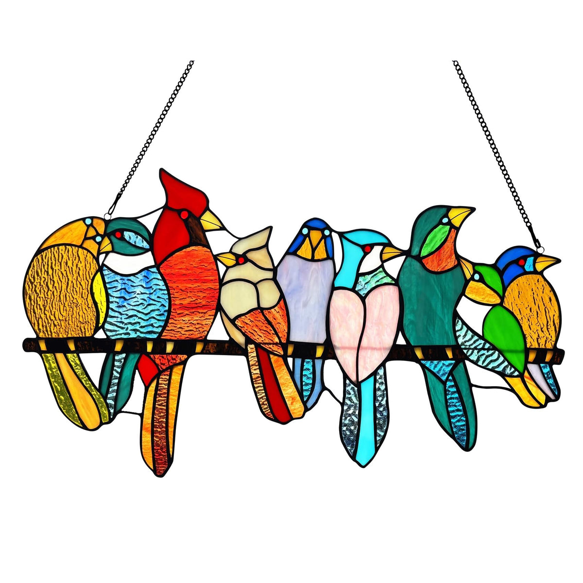 Lcensp front view showing nine multicolor birds and vibrant window glow