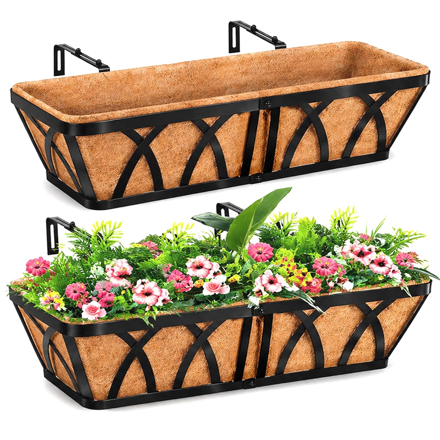 LCHUANG front view of 24-inch railing planter showing neat floral display and space saving benefit
