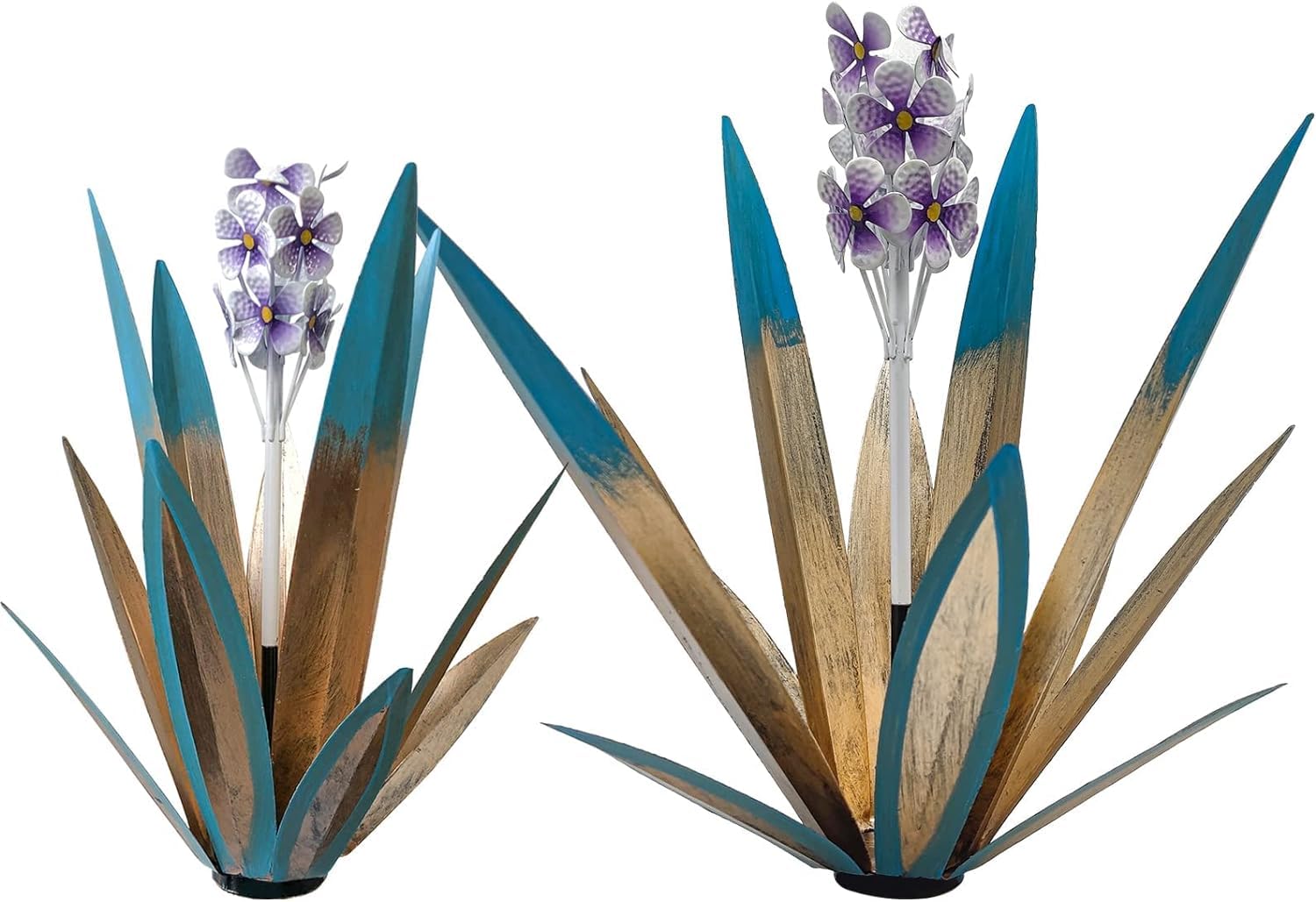 LCJECV front view of metal agave set showing silhouette and purple blooms, durable focal point