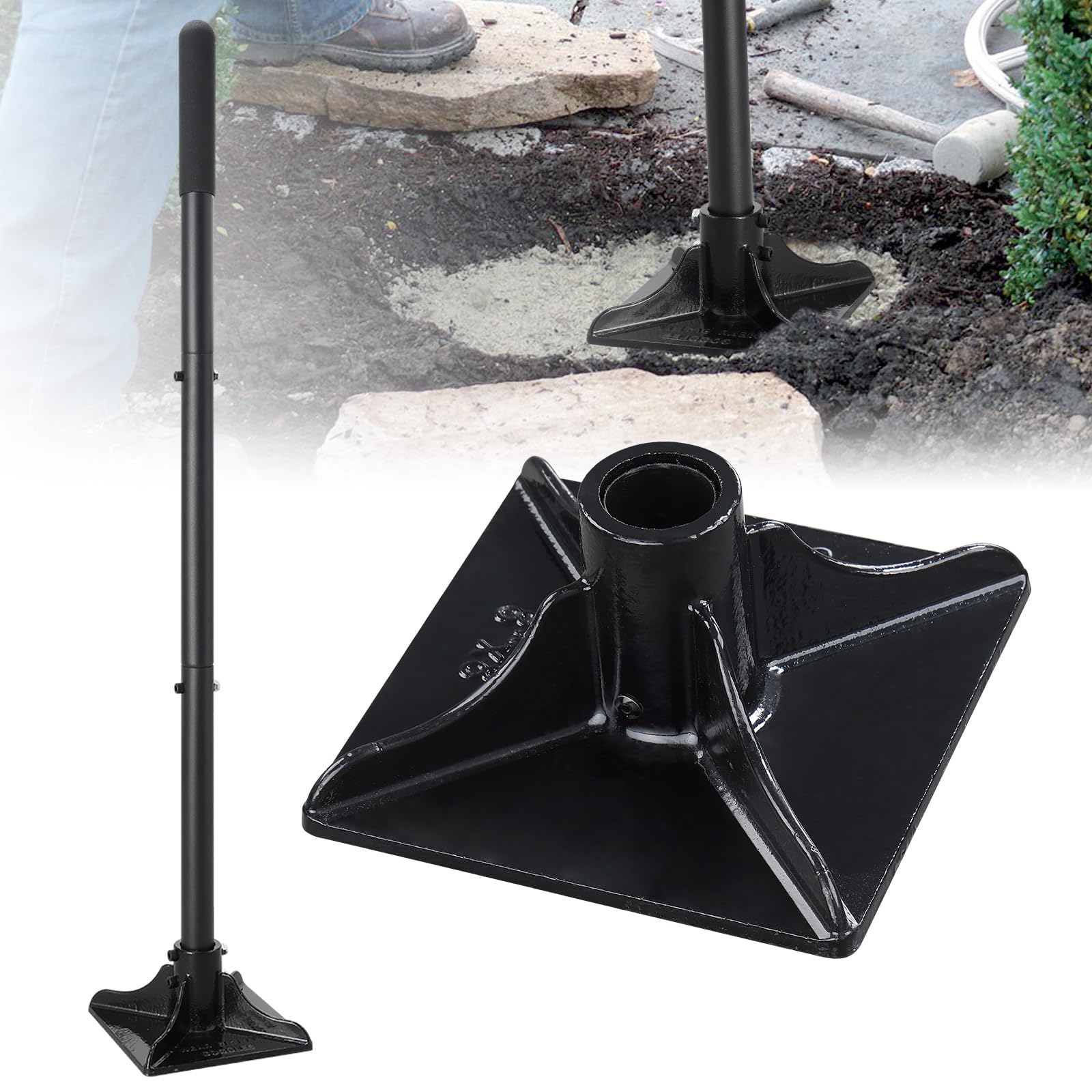 Lcokeiy front view of steel tamper showing sturdy 8x8 head and finish, durable performance