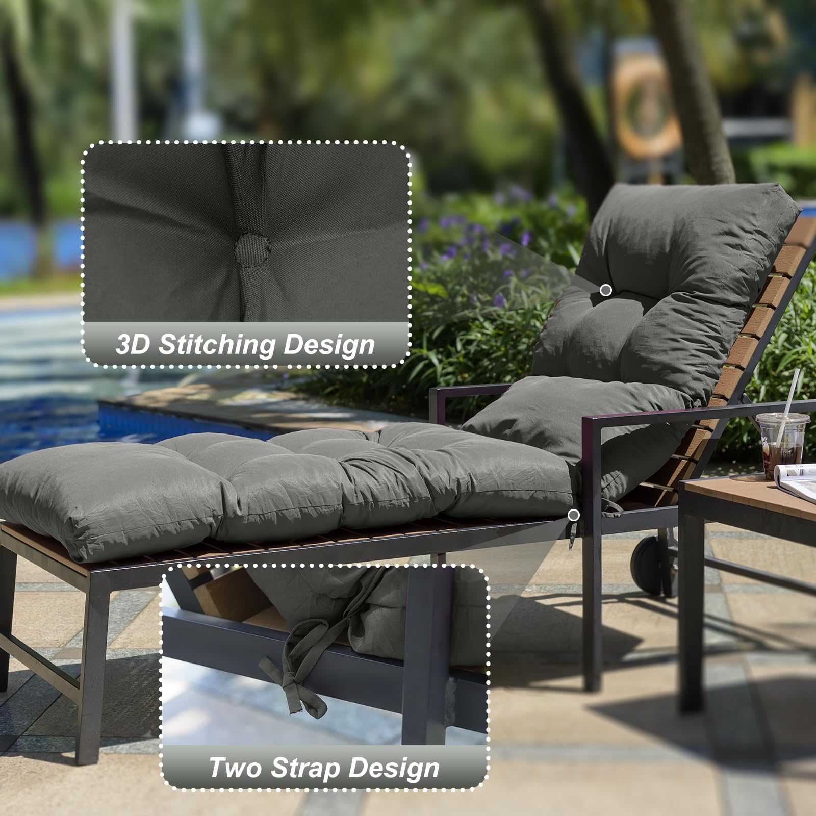 LCYY.TG cushion installed on chaise lounger for comfortable lounging benefit