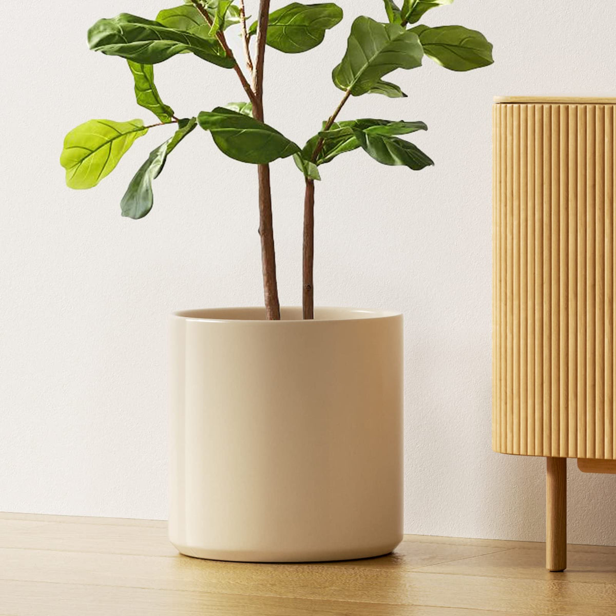 LE TAUCI 12-inch planter front view showing sand beige finish and clean silhouette benefits aesthetic