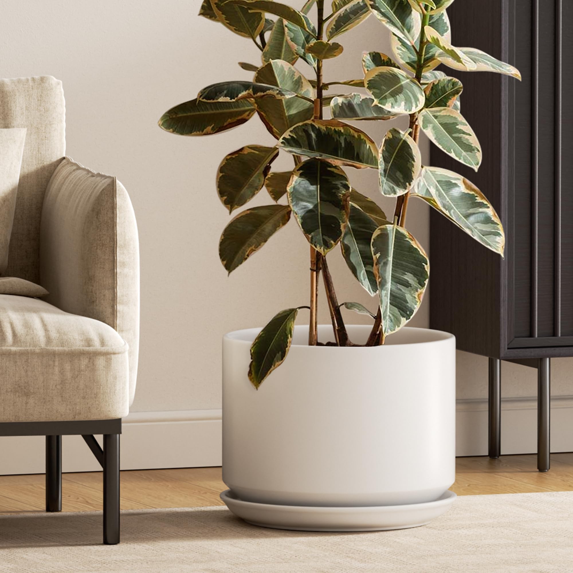 LE TAUCI front view of 12-inch white ceramic planter showing clean silhouette and stability