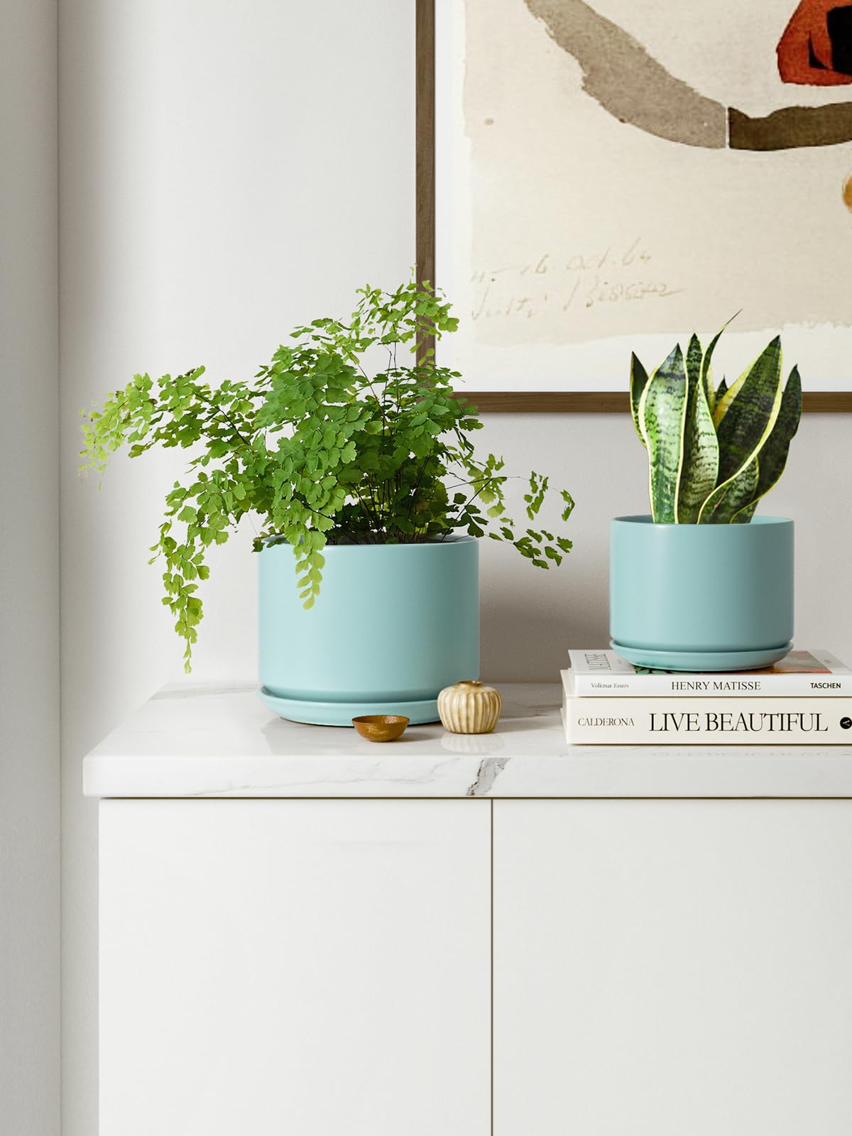 LE TAUCI three aqua pots showing sizes, helps coordinated displays