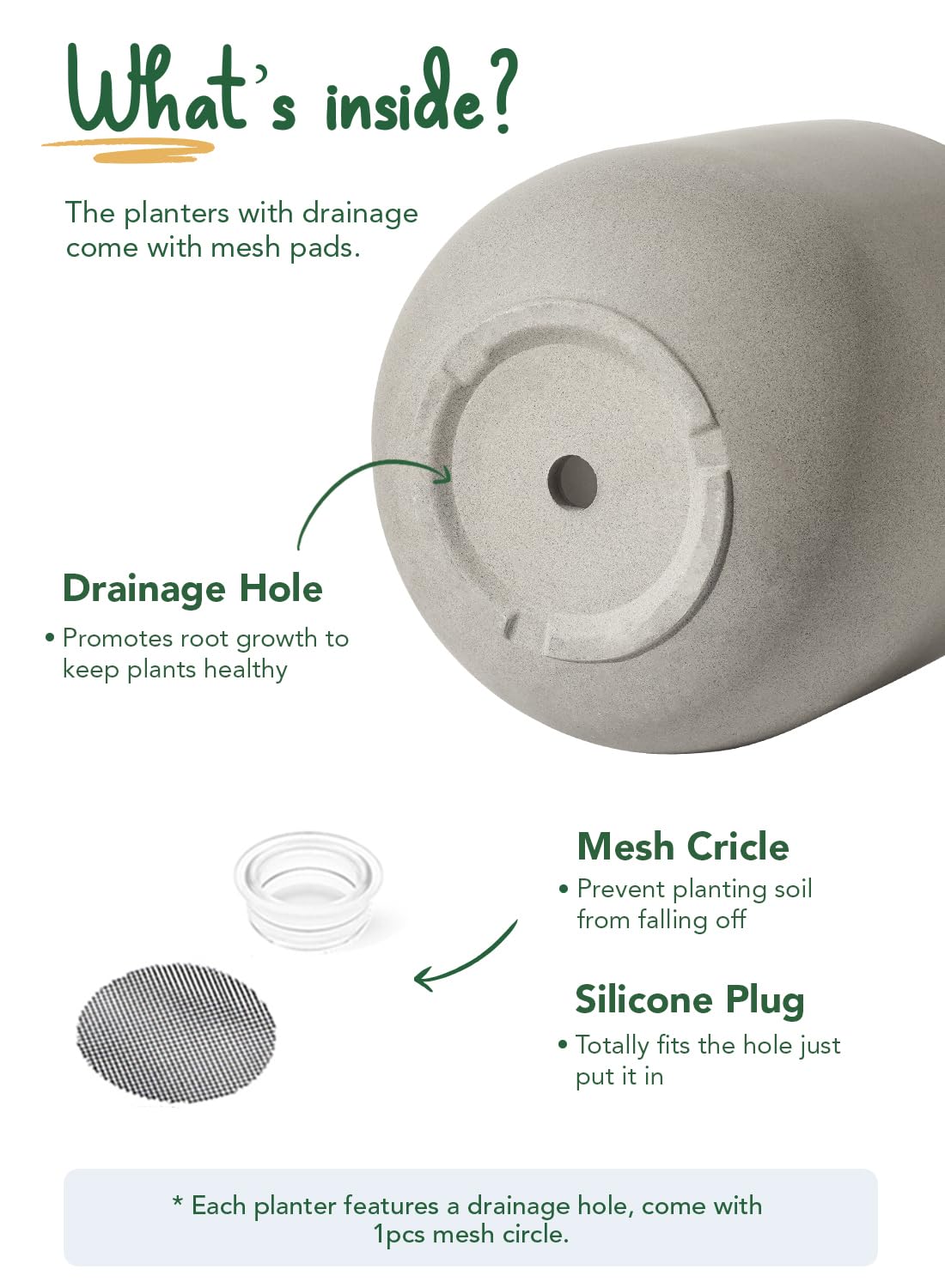 LE TAUCI drainage hole with silicone plug displayed for moisture control benefit