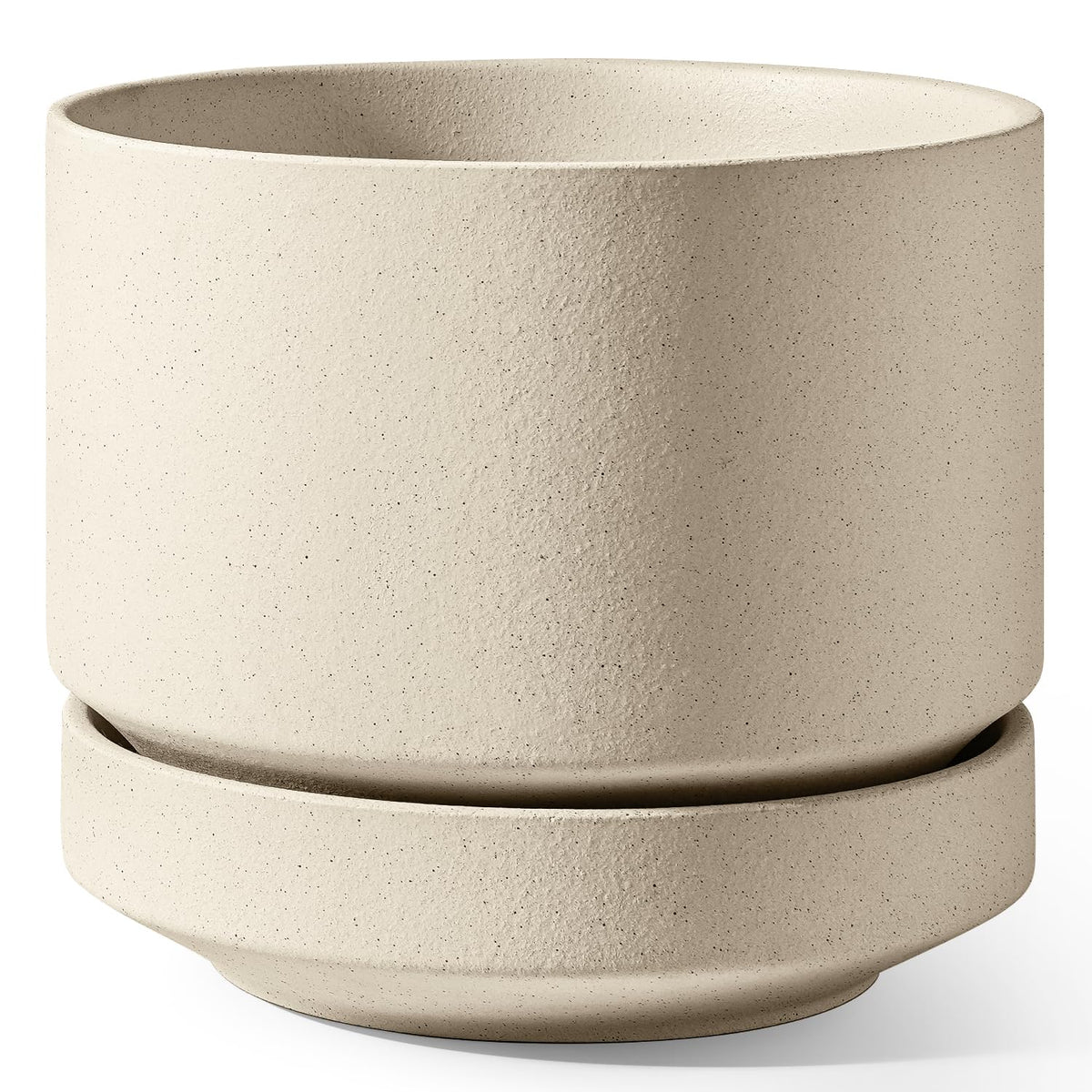 LE TAUCI front view of speckled oat 12-inch planter showing modern shape and balance