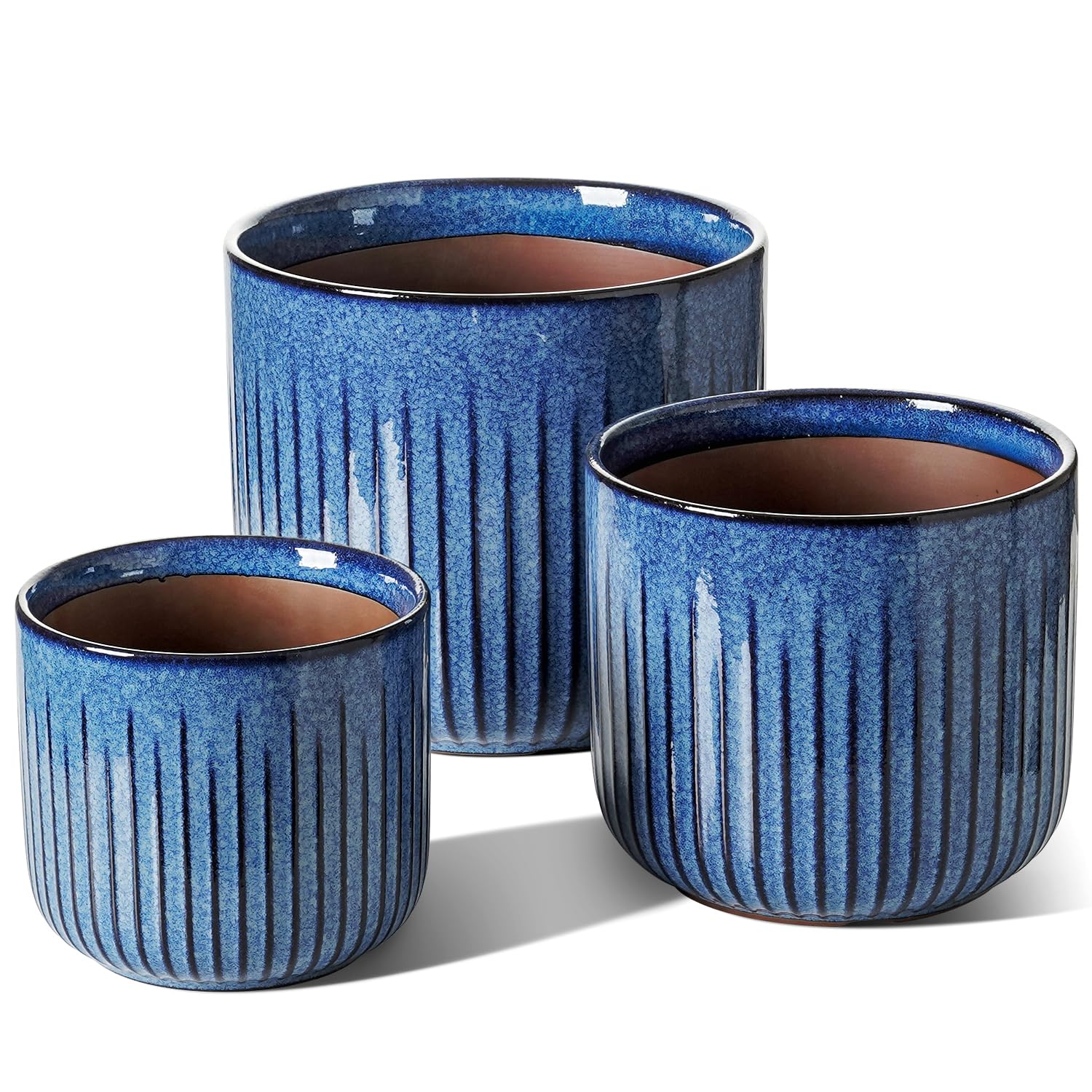 LE TAUCI front view of three harbor blue pots showing glossy gift-ready box and colors