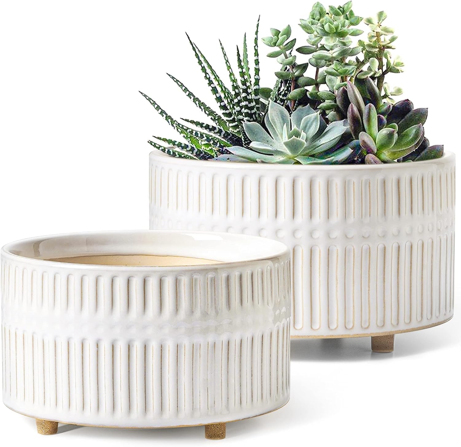 LE TAUCI planters front view showing set of two and reactive white glaze benefit