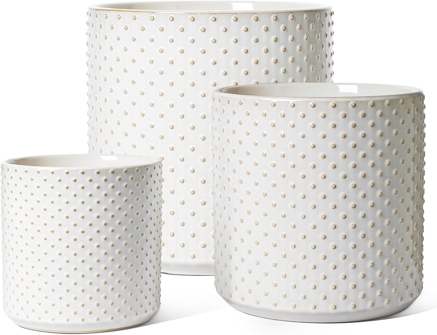 LE TAUCI front view of three glossy arctic-white pots showing style and cohesion