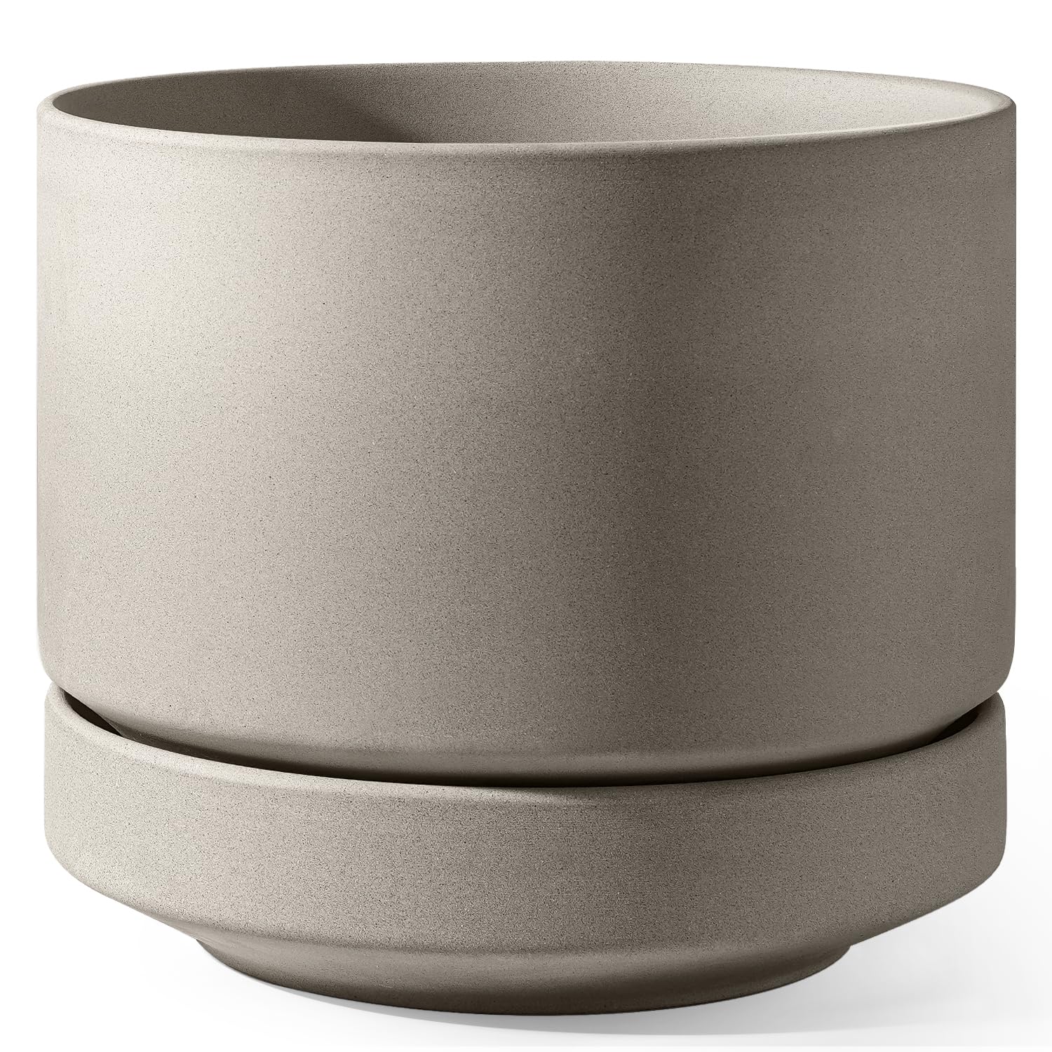 LE TAUCI front view of 14 inch planter showing minimalist shape and neutral gray finish for styling
