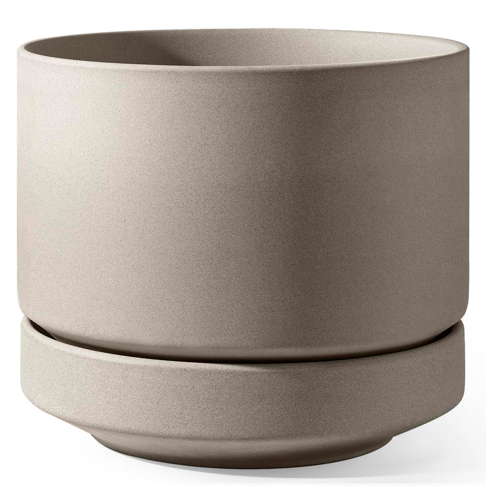 LE TAUCI front view of 14 inch planter showing minimalist shape and neutral gray finish for styling