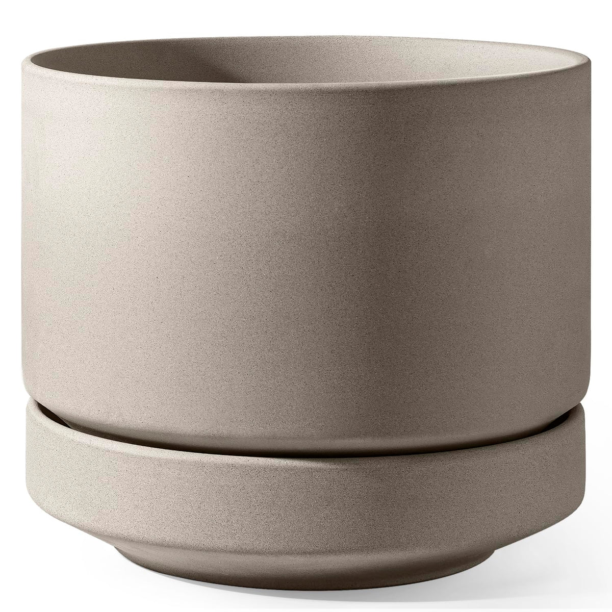 LE TAUCI front view of 14 inch planter showing minimalist shape and neutral gray finish for styling