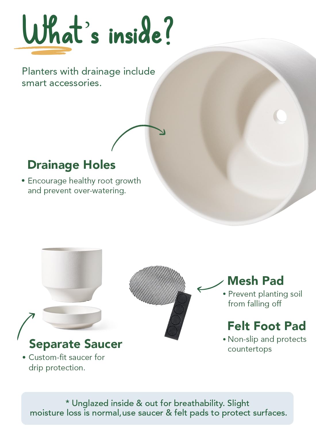 LE TAUCI mesh pad over drainage hole preventing soil loss while allowing drainage