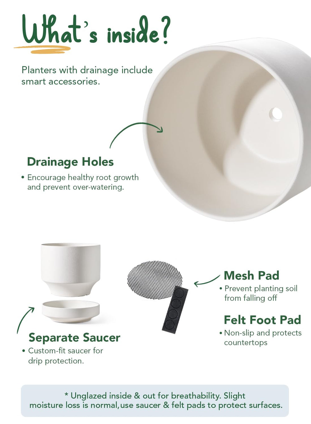 LE TAUCI mesh pad over drainage hole preventing soil loss while allowing drainage