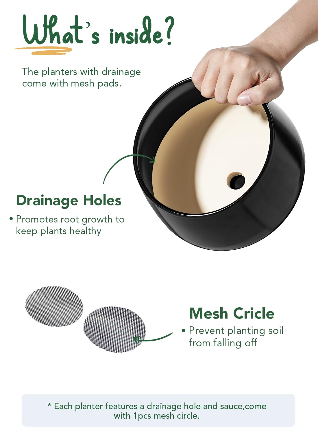 LE TAUCI mesh pad displayed beside pot, filtering soil while allowing drainage