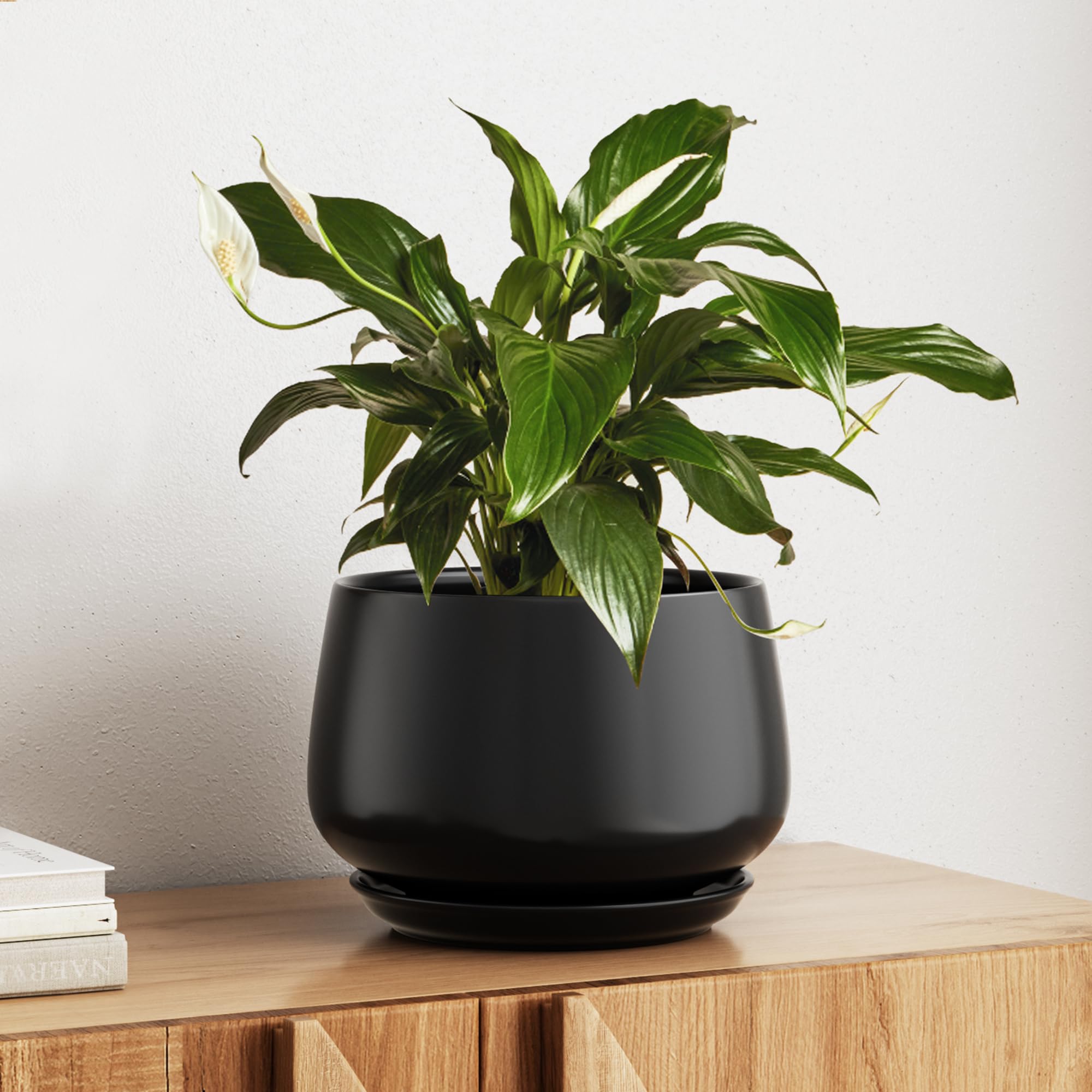 LE TAUCI front view of matte black 10-inch ceramic planter showing sleek silhouette and elegance