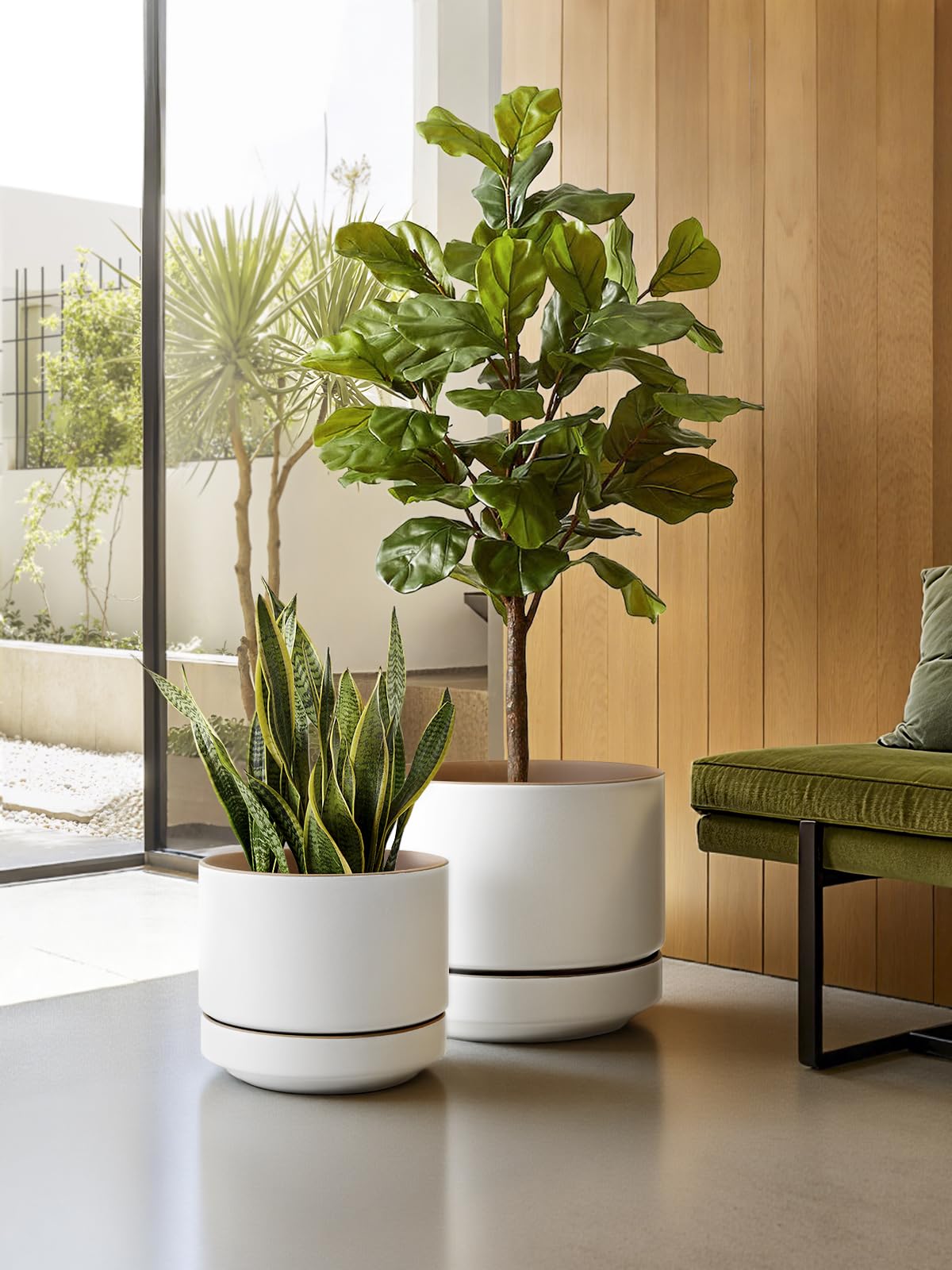 LE TAUCI planter styled with a leafy houseplant in a modern living room setting